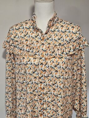 MAZIK Orange Floral Print Ruffle Button-Front Blouse With Balloon Sleeves Size S